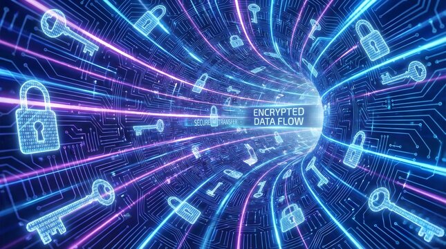 Cybersecurity encrypted data flow concept, digital tunnel with glowing padlocks and keys, secure network infrastructure and information privacy