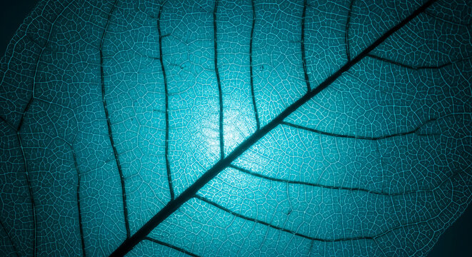 Close-up of blue leaf skeleton, showcasing delicate vein structure and pattern, representing fragility, nature, and complex biological design