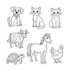Obraz premium Farm and pet animal icon collection. Includes dog, cat, cow, horse, turtle, and chicken illustrations. Created in line art style with black and white palette.