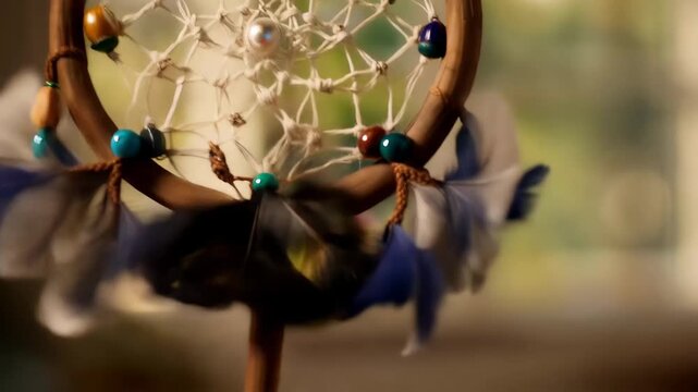 Crafting a dream catcher in a cozy room while sunlight streams through the window and illuminates the feathers and beads