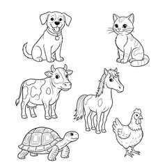 Fototapeta premium Farm and pet animal icons, line drawings of dog, cat, cow, horse, turtle, and chicken. Created in simple line style with black and white colors.