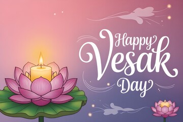 Happy vesak day greeting with lotus flower and burning candle illustration