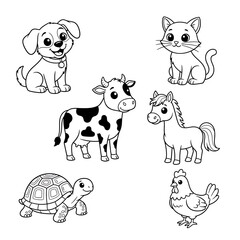 Obraz premium Charming collection of various cartoon farm animals and beloved domestic pets, presented as delightful black and white line art perfect for children's coloring pages and educational activities