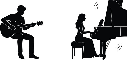 Minimalist vector silhouette of a man playing acoustic guitar and a woman playing a grand piano, representing musical talent and performance. © RUMA AKTHER