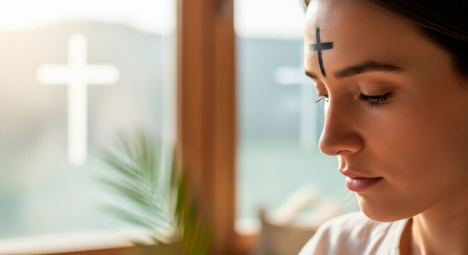 ash wednesday faith concept portrait of a woman with ash cross on forehead near a window and cross symbol. Image can be used for themes of personal faith, prayer, Lent reflections, and Christian devot