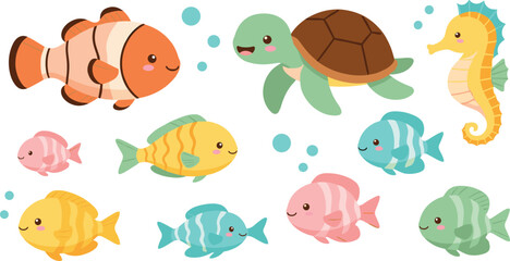 Fototapeta premium Cute Underwater Sea Animals Illustration Set with Colorful Fish, Turtle, Seahorse, Ocean Creatures, and Adorable Marine Cartoon Characters