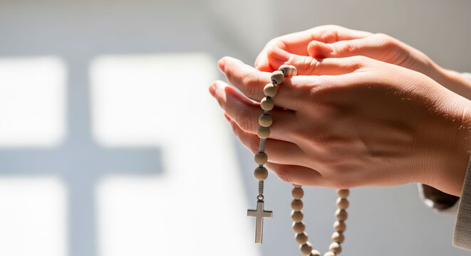 Hands holding rosary beads close-up of hands praying with a rosary and cross in soft window light. Image can be used for Catholic prayer, devotion, and meditation themes.
