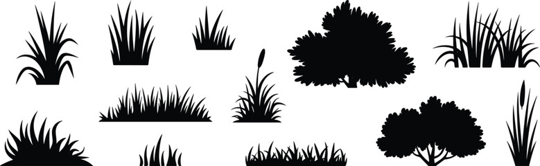 Grass and bush silhouettes illustration with foliage, cattail, shrubs, plants, black and white artwork, botanical, landscape, nature, decorative concept