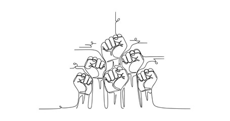 Fototapeta premium Line art of raised fists symbolizing unity and resistance. None editable stroke