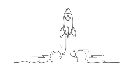 Fototapeta premium Minimalist line art of rocket launch with smoke trails. None editable stroke