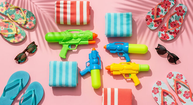 Summer Fun with Water Guns and Towels on a Pink Background via RJ Whisk Auto