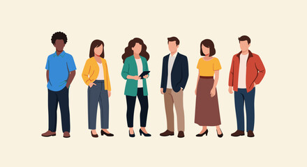 Fototapeta premium Diverse Team Illustration: A Group of Professionals Standing Together in a Modern Style, Perfect for Business, Collaboration, and Workplace Diversity Concepts
