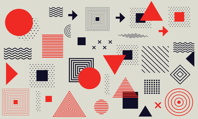 Obraz premium Bold 80s Memphis style geometric pattern with high-contrast red and navy shapes, arrows, and dotted textures on a neutral background.