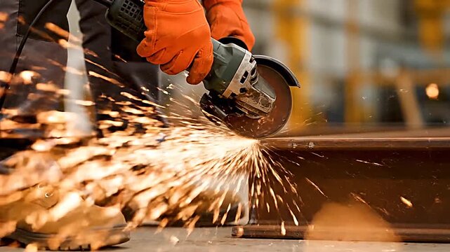 Professional Worker Cutting Metal Steel Beam with Angle Grinder Tool in Industrial Workshop with Bright Sparks