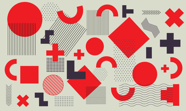 Bold geometric abstract pattern featuring red, dark gray, and black shapes in a dynamic, high-contrast composition reminiscent of 1980s Memphis design style.