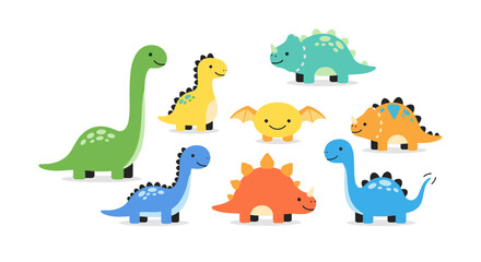 Obraz premium Delightful Dinosaur Collection: Whimsical Cartoon Creatures for Children's Designs and Playful Illustrations, Perfect for Educational Materials and Cute Decorative Elements