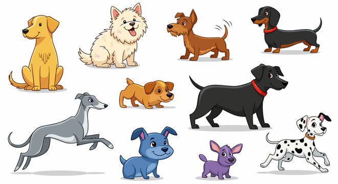 Cartoon Canine Collection: Playful Puppies in Various Breeds for Children's Illustration, Storybooks, and Pet-Related Designs, Showcasing Joyful Dog Characters