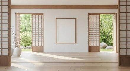 Obraz premium Empty room with a large mockup frame on the wall and sliding doors leading to a serene garden view