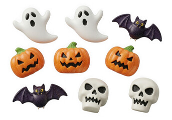 Halloween-themed decorations featuring assorted pumpkins, ghosts, and bats.