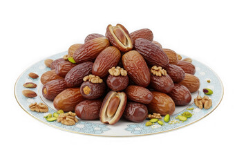 Assorted traditional nuts and dried fruits arranged on a decorative plate for serving.