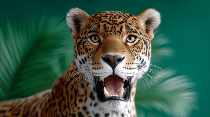 Jaguar looking at camera with mouth open in an indoor setting. Bright green background enhances its natural colors. Concept of wildlife photography, animal conservation, nature education