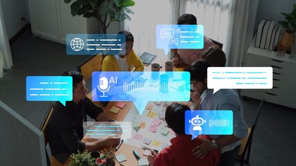 Team Collaboration with AI and Technology: People Engaged in Brainstorming Session with Colorful Sticky Notes and Digital Icons in Modern Workspace Gluon. © InfiniteFlow