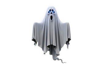 Mysterious figure cloaked in flowing silver fabric against a stark white background