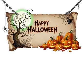 A festive halloween banner with autumnal decorations and a pumpkin motif.