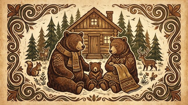 feliz Family of brown bears with cub in front of log cabin in snowy forest with trees and decorative border