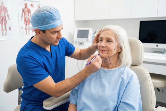 Plastic surgeon marking senior woman face for cosmetic surgery