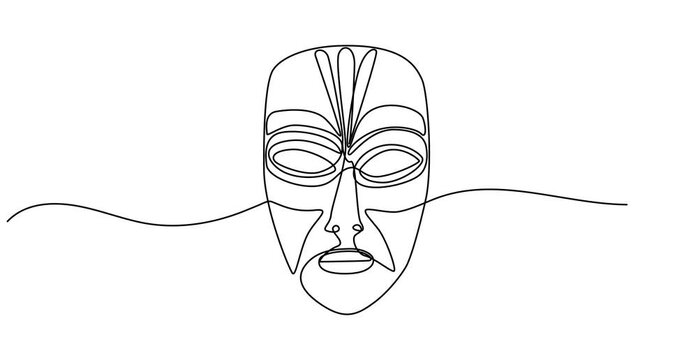 Ethnic Mask, animated self drawing of single continuous line, contour movement, video drawing of line in 4k, Tribal Mask animation continuous one line drawing, Face tribal mask continuous single line.