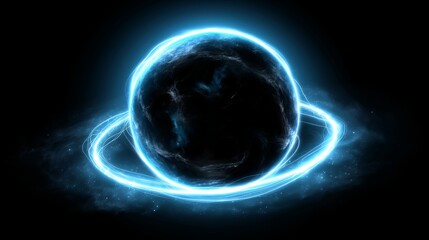 Obraz premium Abstract blue plasma sphere with glowing energy rings and light trails on a black background.