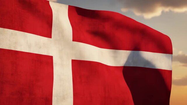 Denmark Flag Waving in Wind Against Sunset Sky 4K Video