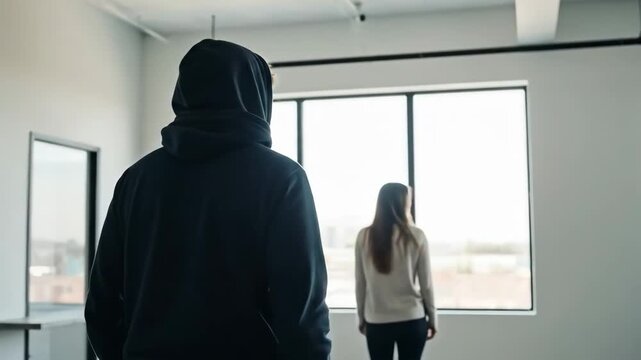 A person in a hoodie observes another walking away through large windows in a bright, spacious room