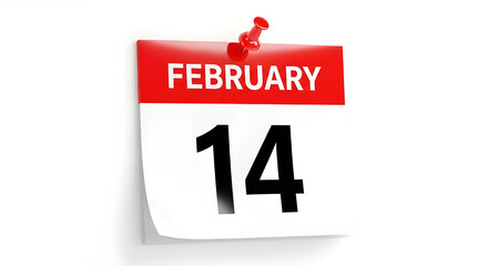 Fototapeta premium Calendar page showing february 14th pinned with a red thumbtack, isolated on white background