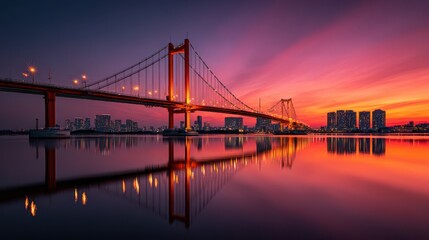 Obraz premium Stunning sunset over a suspension bridge reflecting on calm water with a city skyline at twilight