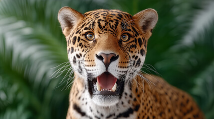 Jaguar looks at camera with mouth open, showcasing its features and vibrant fur. This scene takes place in a tropical environment with green plants