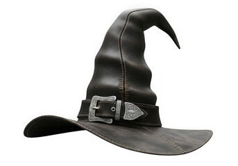 A stylish black witch hat with a distinctive band and pointed top