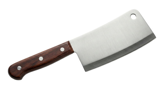 Sharp kitchen meat cleaver with wooden handle isolated on white background