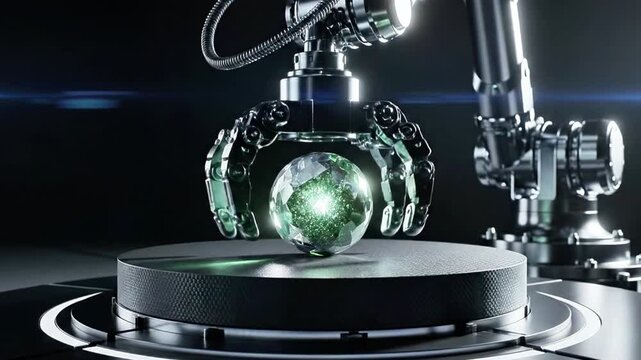 A robotic arm holding a transparent glass sphere with a glowing green Earth inside
