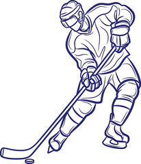 Blue line drawing of a professional ice hockey player in action on a white background. © Bst