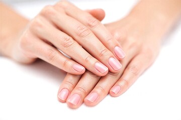 Fototapeta premium Closeup of womans hands with pink fingernails on white surface