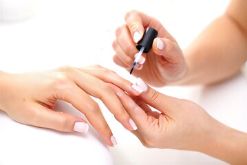Woman getting her nails painted with pink nail polish by another person in a salon