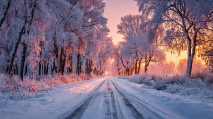 Fototapeta premium Beautiful winter landscape with a snowy road passing through a frost-covered forest at sunrise