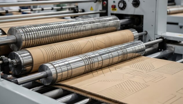 Medium view of multiline creasing rollers pressing parallel fold marks into cardboard showcasing advanced machinery setup for complex folding designs.