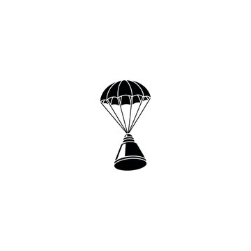 Space capsule descending under a parachute, signifying landing and successful mission completion. Iconic vector art for aerospace and safety.