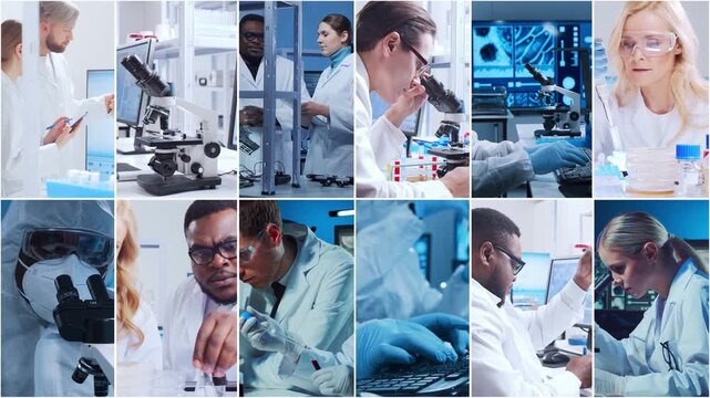 Technology and medical concept. Scientists, lab equipment and microscopes in biomedical innovations and clinical studies. Ideal for educational content. Vertical videos.
