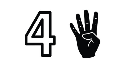 Fototapeta premium Black graphic of number four and a hand stark contrast silhouette