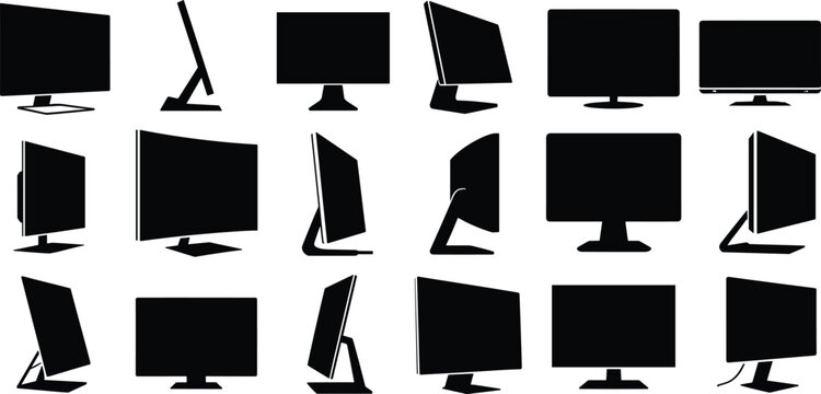 Black computer monitor silhouettes set featuring flat screen displays, desktop screens, and television icons for office technology and digital hardware branding.