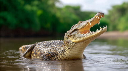Crocodile floats with mouth open in water. Lush green trees surround the riverbank. Concept of wildlife, nature observation, adventure tourism